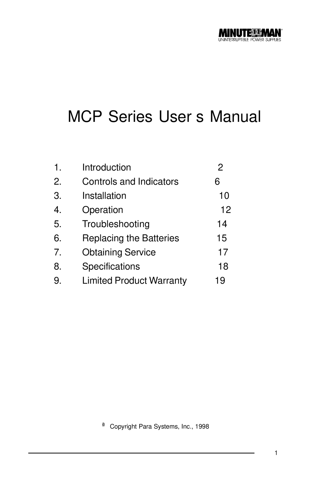 Minuteman UPS MCP 3000i, MCP 2000i, MCP 1000i user manual MCP Series User’s Manual 