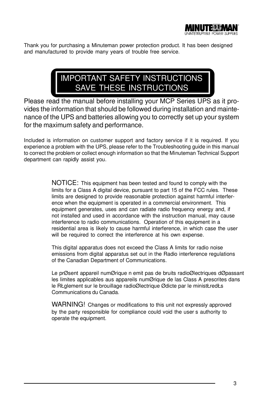 Minuteman UPS MCP 1000i, MCP 2000i, MCP 3000i user manual Important Safety Instructions 