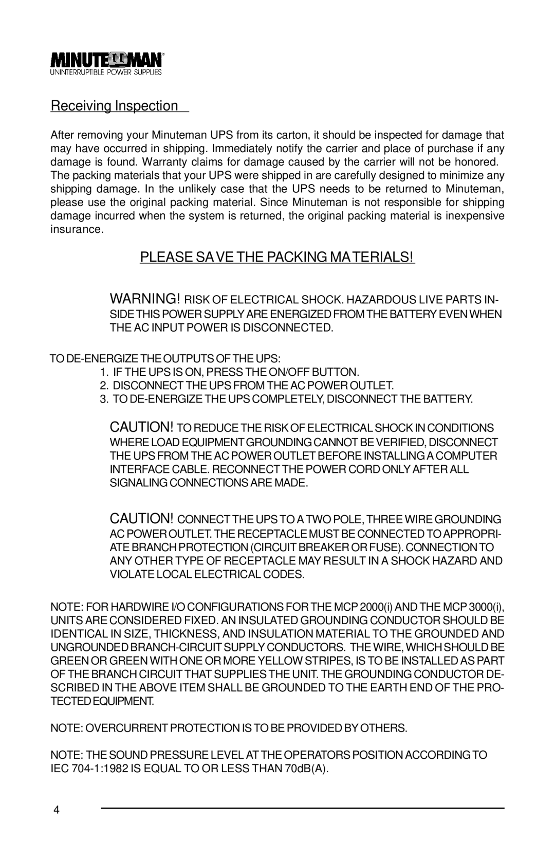 Minuteman UPS MCP 2000i, MCP 3000i, MCP 1000i user manual Receiving Inspection, Please Save the Packing Materials 