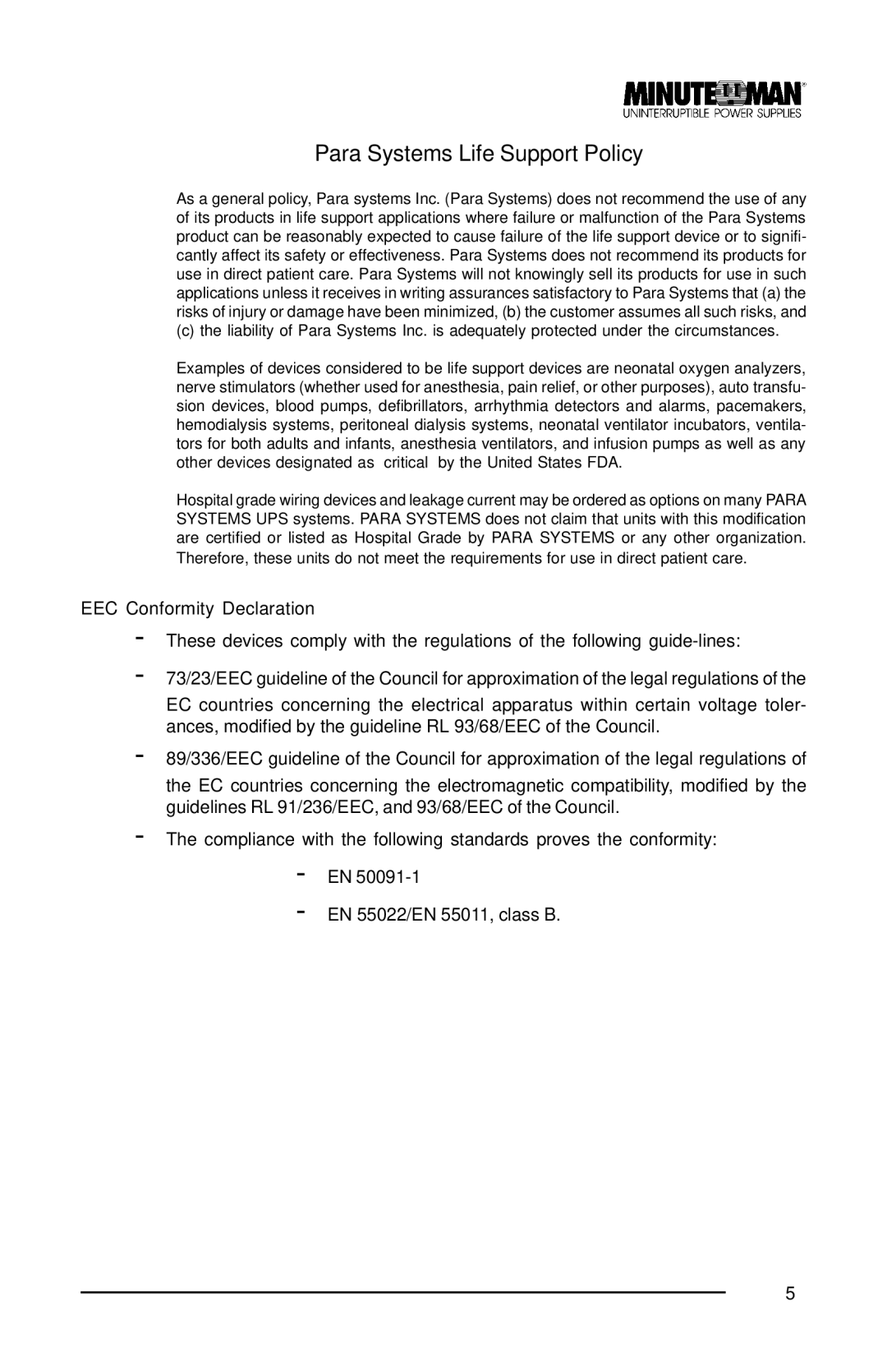 Minuteman UPS MCP 2000i, MCP 3000i, MCP 1000i user manual Para Systems Life Support Policy 