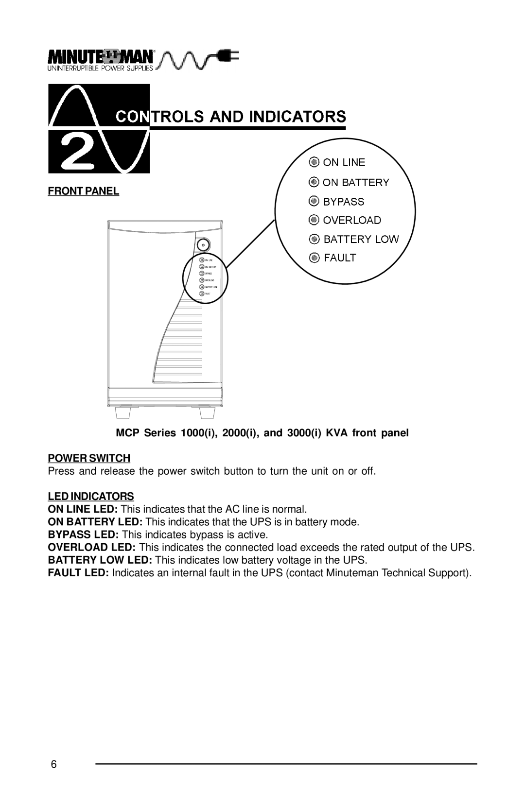 Minuteman UPS MCP 2000i, MCP 3000i, MCP 1000i user manual Front Panel, Power Switch, LED Indicators 