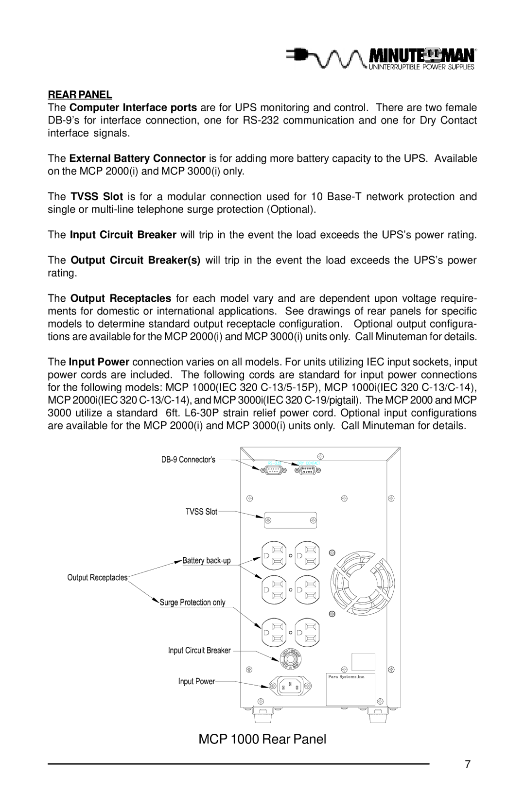 Minuteman UPS MCP 3000i, MCP 2000i, MCP 1000i user manual Rear Panel 