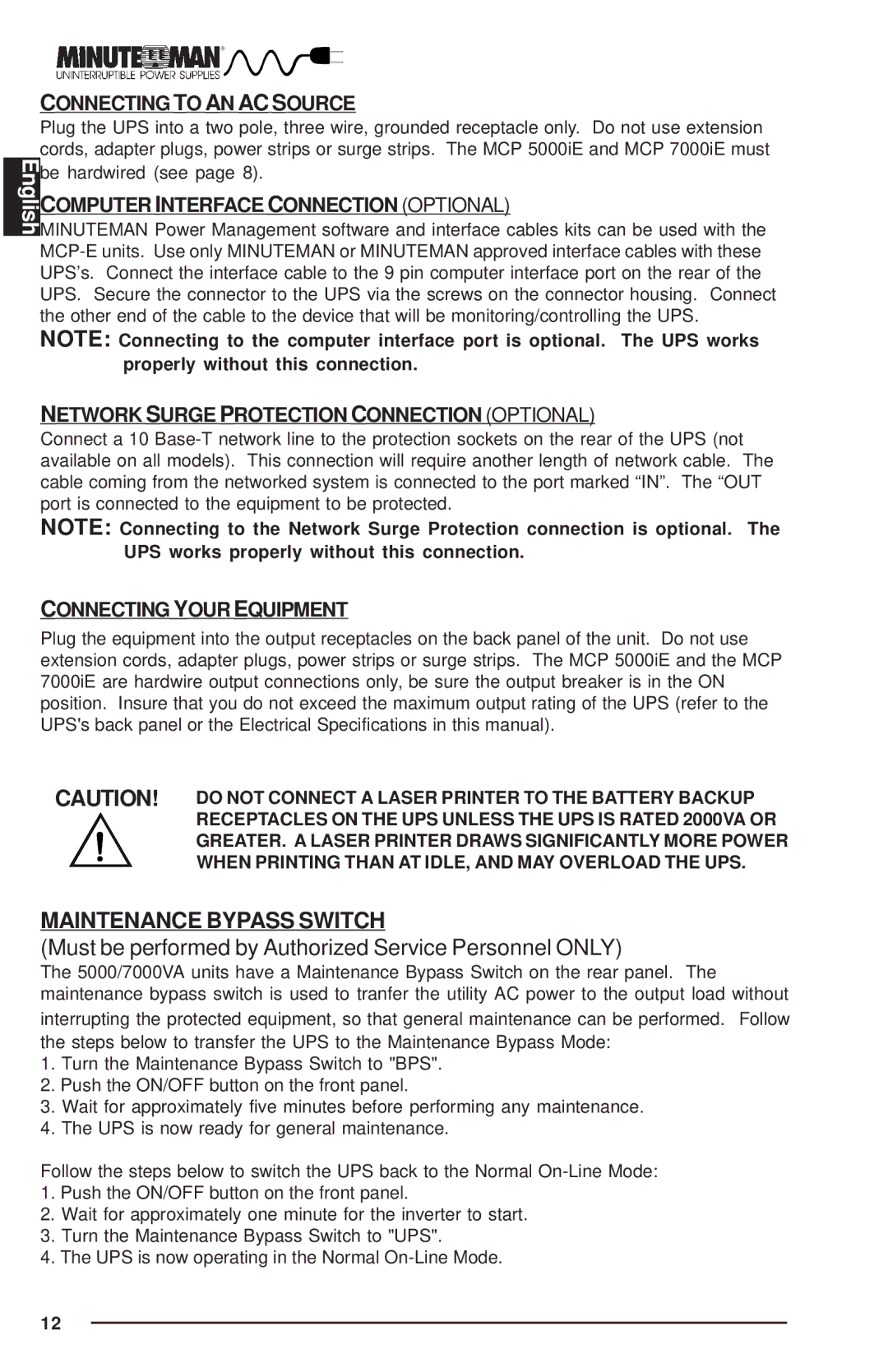 Minuteman UPS MCP-E Connecting to AN AC Source, Computer Interface Connection Optional, Connecting Your Equipment 