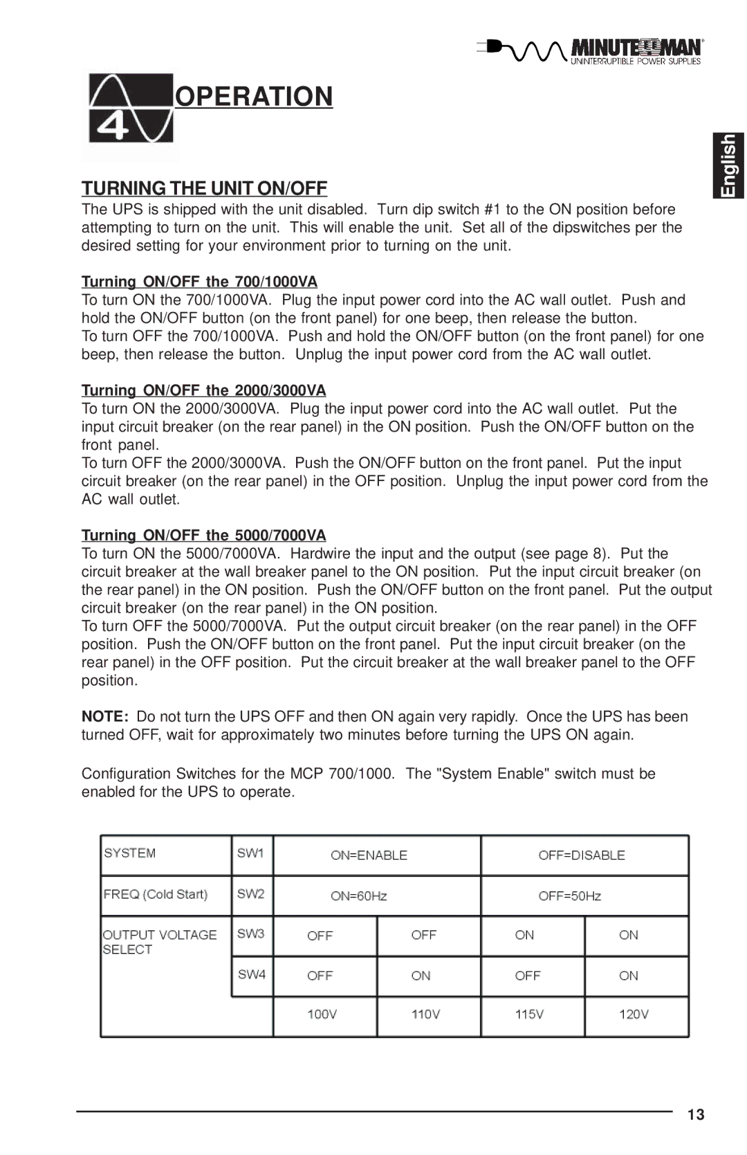 Minuteman UPS MCP-E user manual Operation, Turning the Unit ON/OFF 