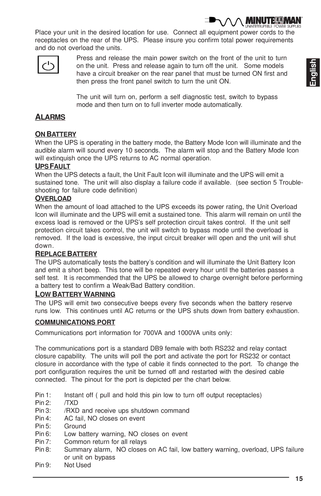 Minuteman UPS MCP-E user manual Alarms, On Battery 