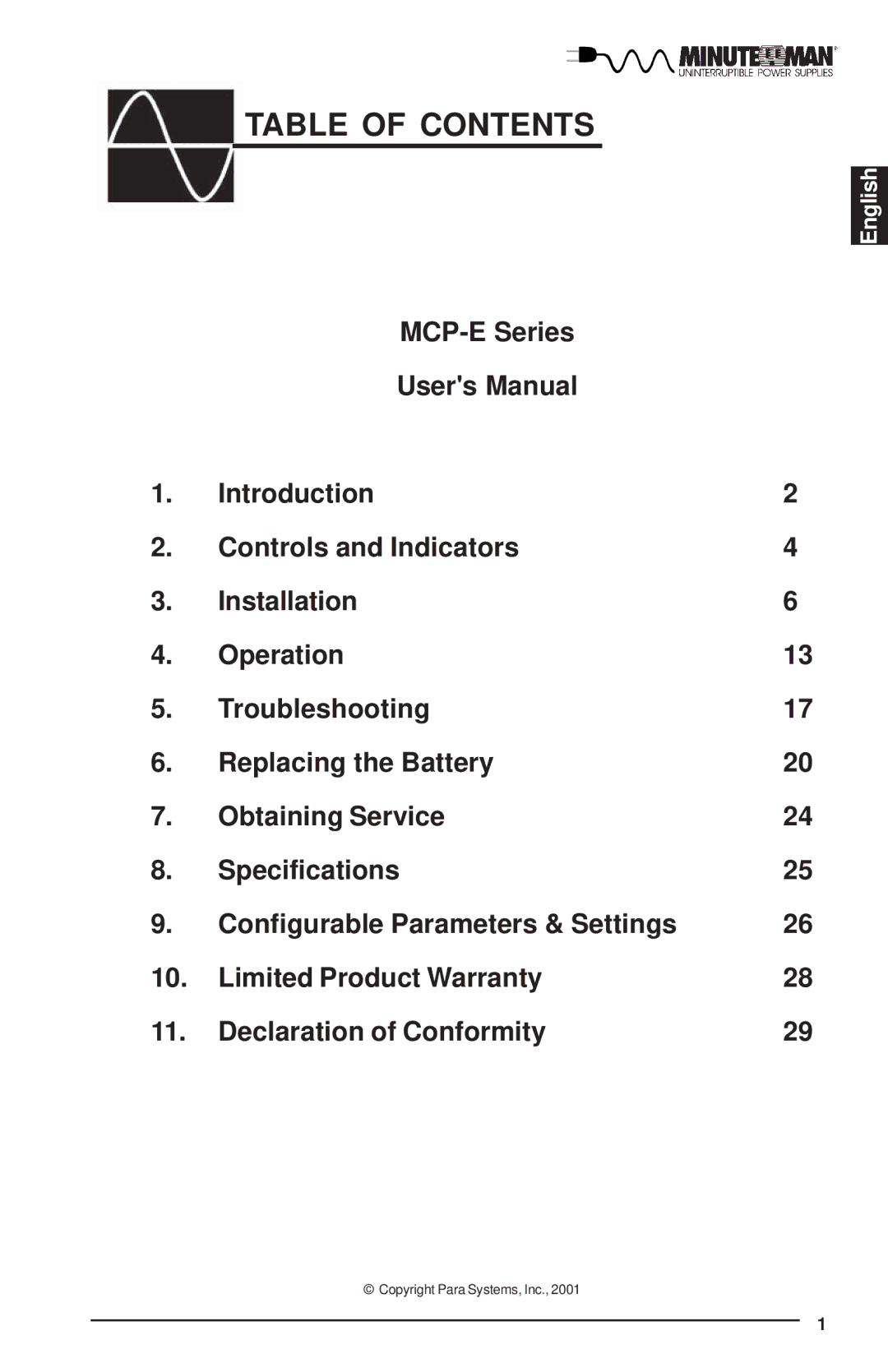 Minuteman UPS MCP-E user manual Table of Contents 