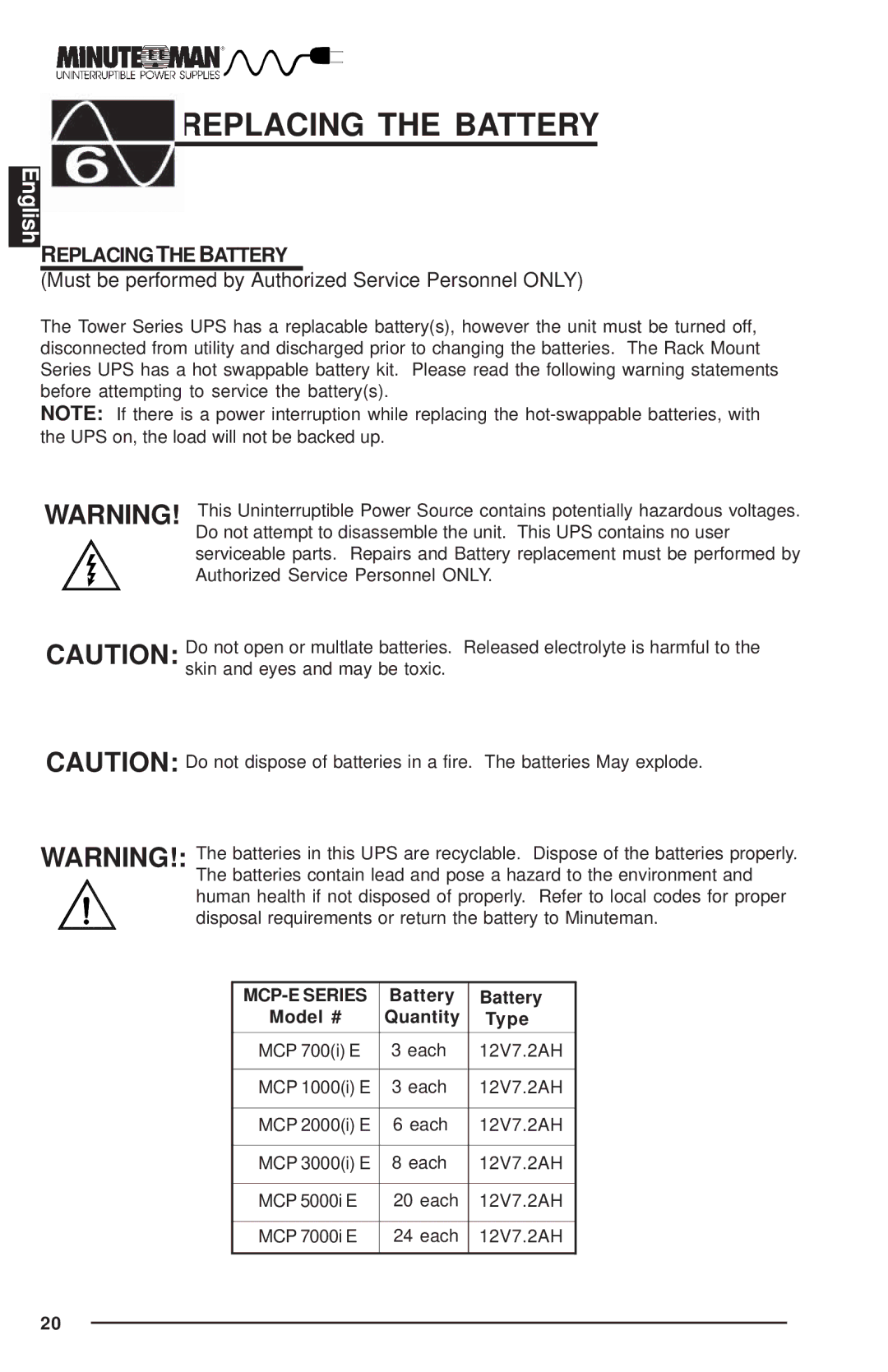 Minuteman UPS MCP-E user manual Replacing the Battery 