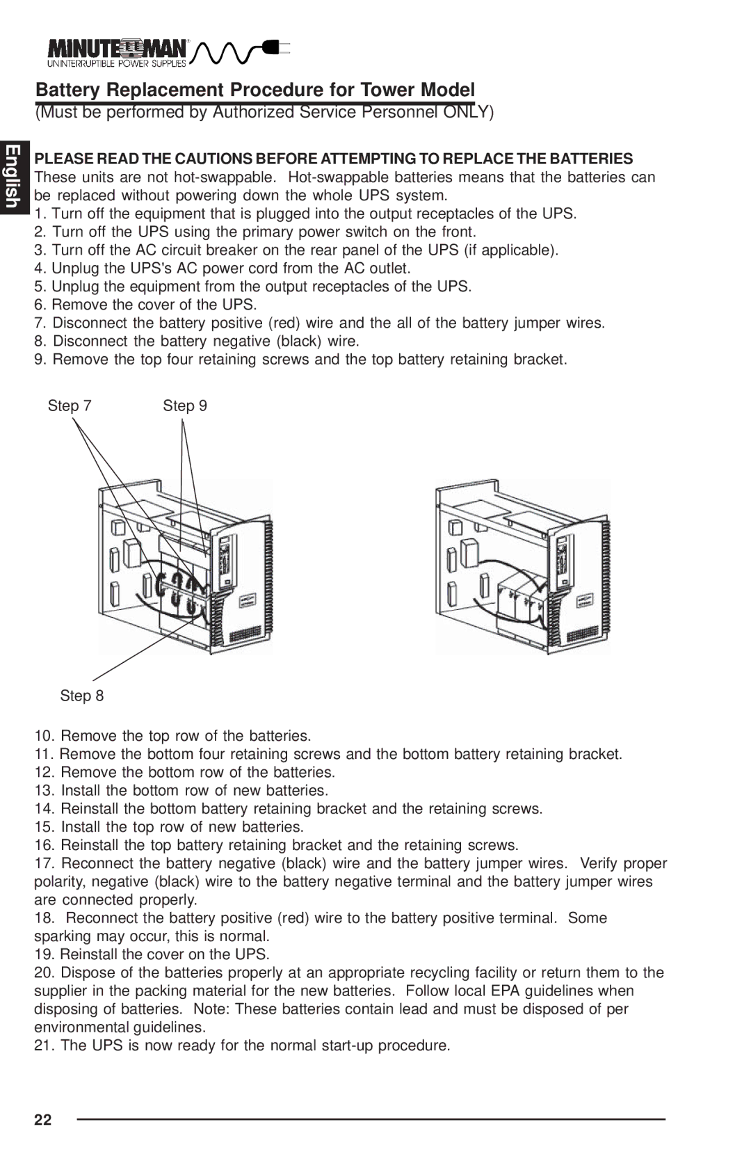 Minuteman UPS MCP-E user manual Battery Replacement Procedure for Tower Model 