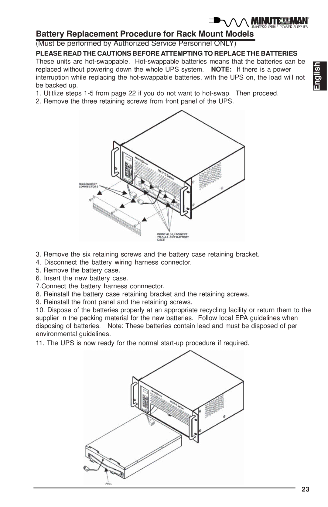 Minuteman UPS MCP-E user manual Battery Replacement Procedure for Rack Mount Models 