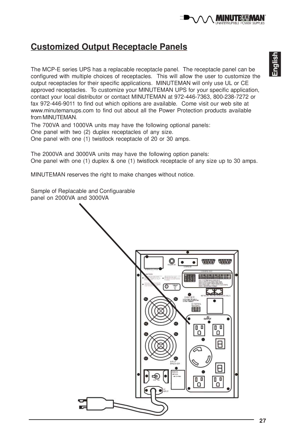 Minuteman UPS MCP-E user manual Customized Output Receptacle Panels 