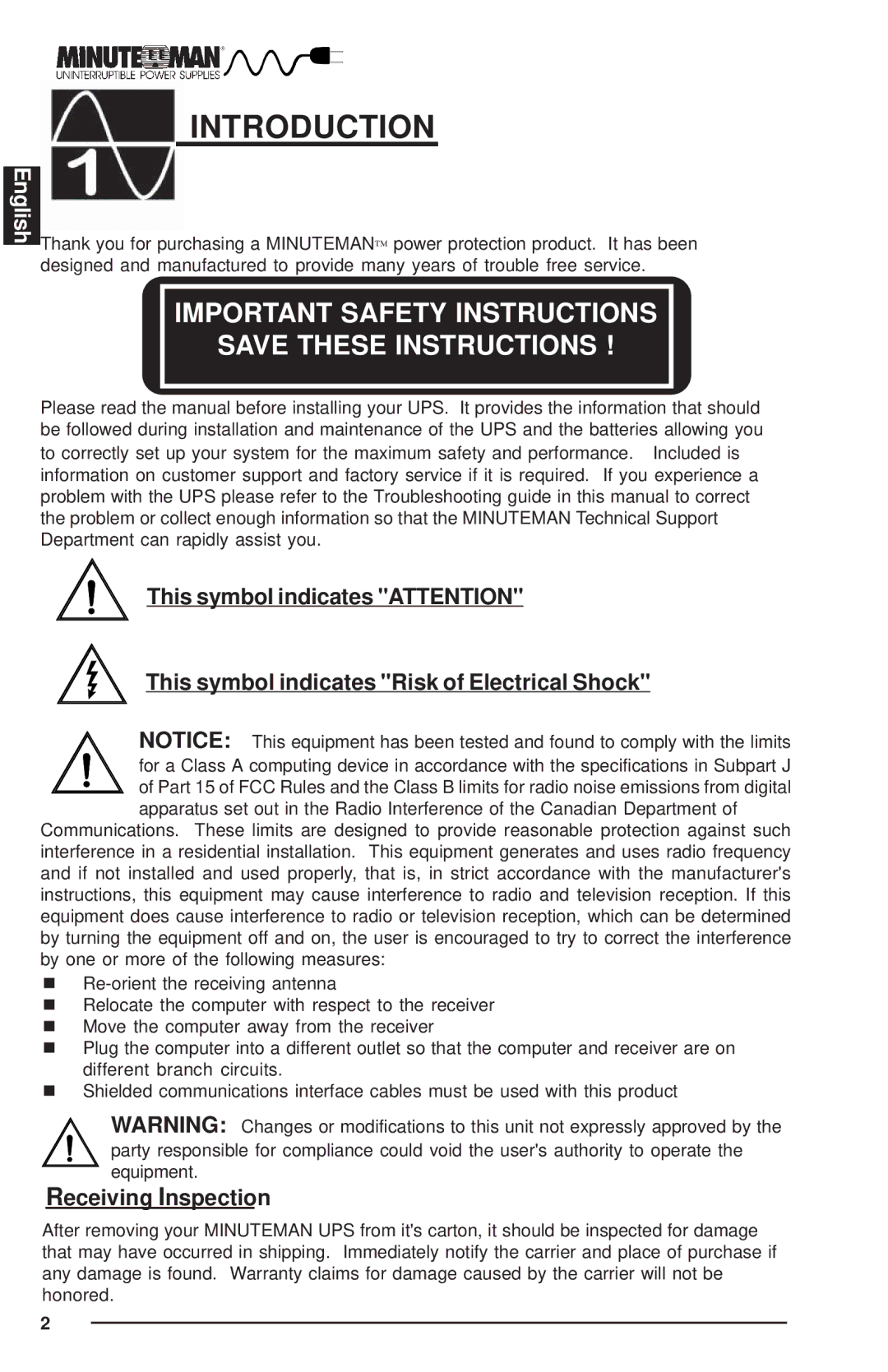 Minuteman UPS MCP-E user manual Introduction, Important Safety Instructions 