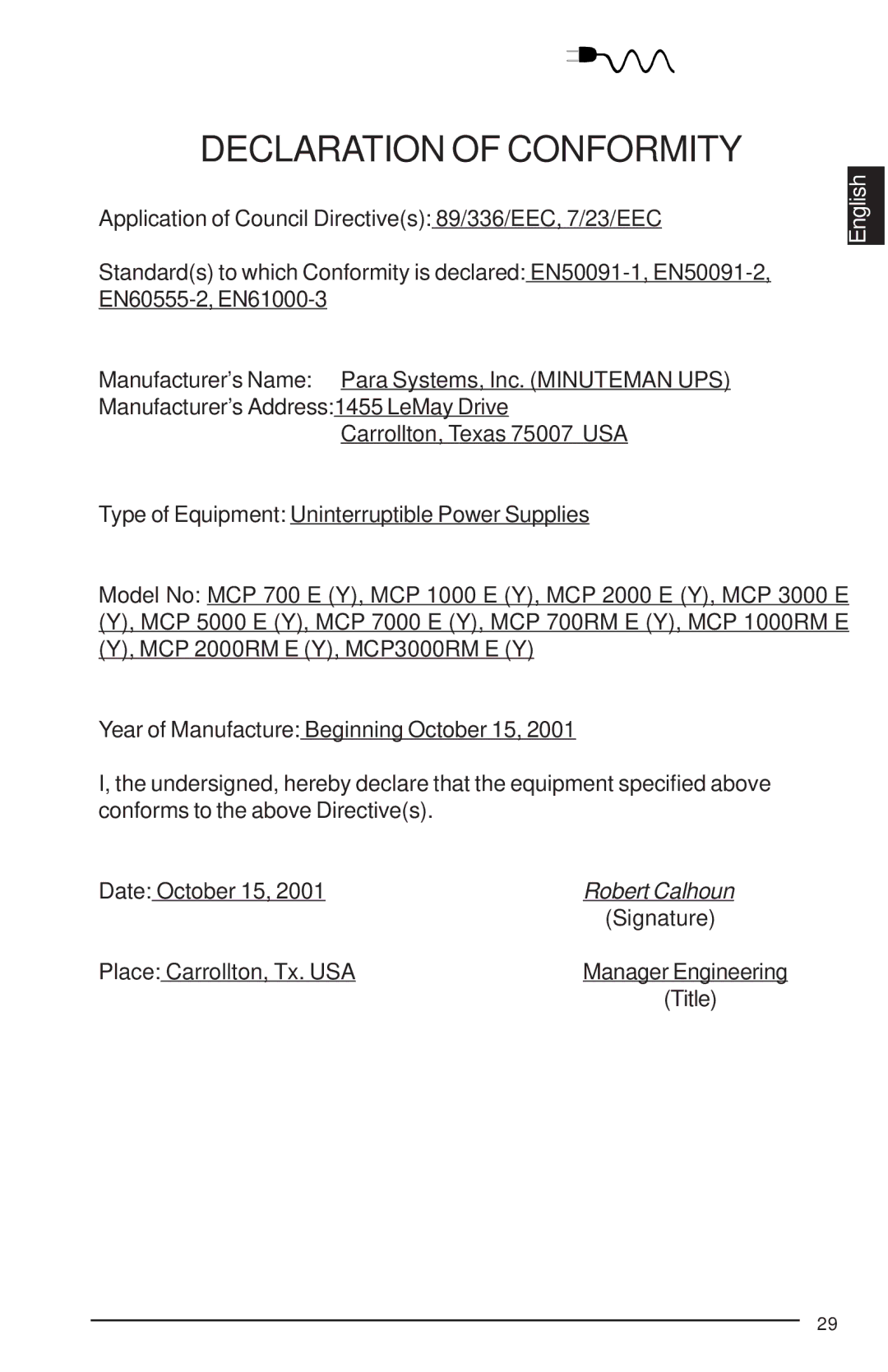 Minuteman UPS MCP-E user manual Declaration of Conformity 