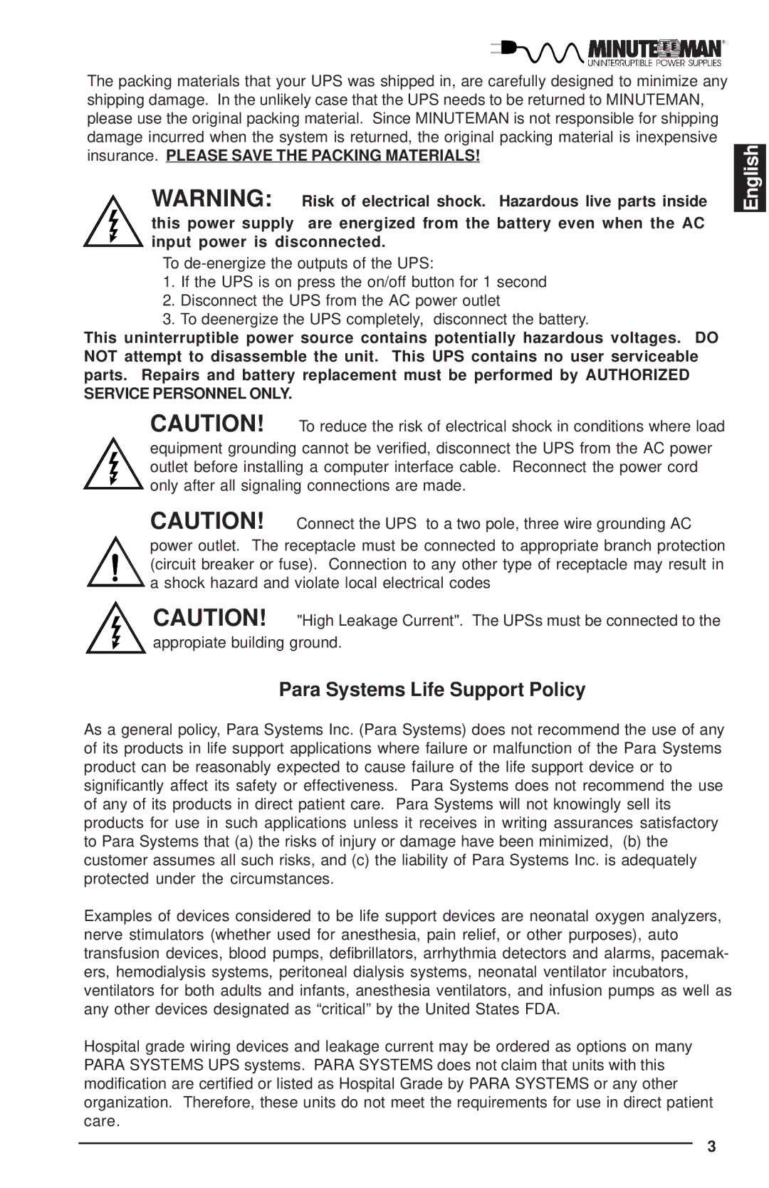 Minuteman UPS MCP-E user manual Para Systems Life Support Policy 