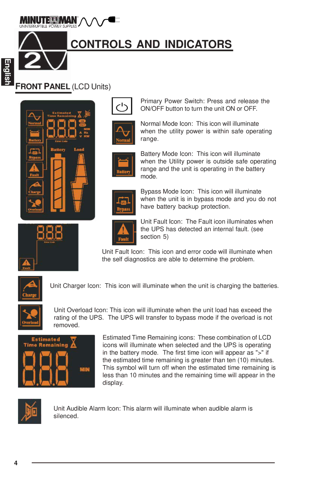 Minuteman UPS MCP-E user manual Controls and Indicators, Front Panel LCD Units 