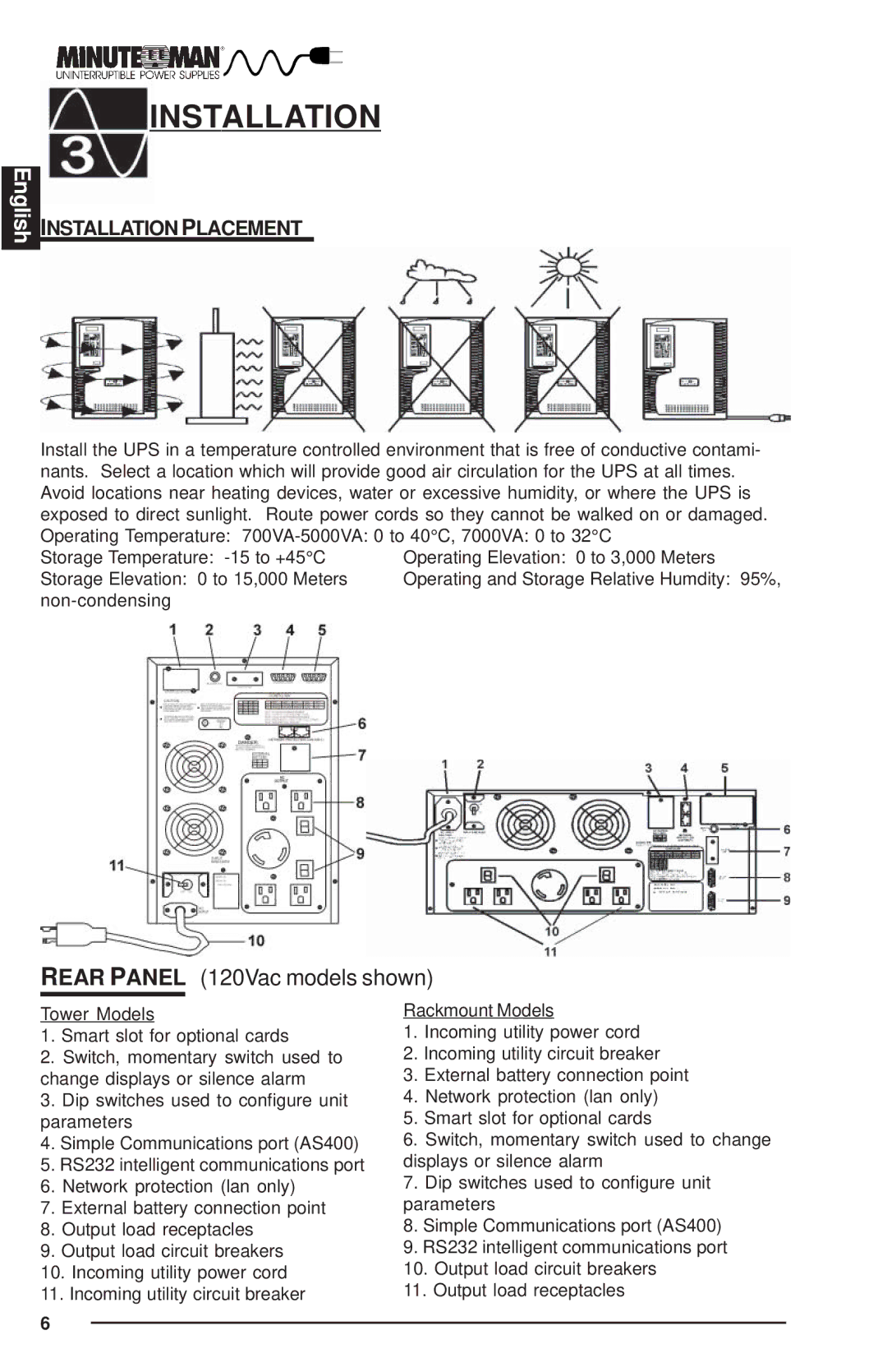 Minuteman UPS MCP-E user manual Installation Placement 