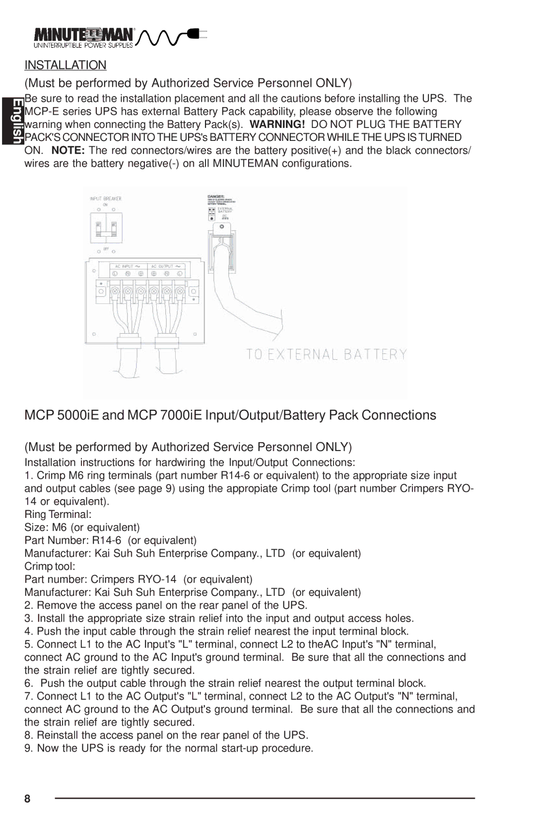 Minuteman UPS MCP-E user manual Installation 