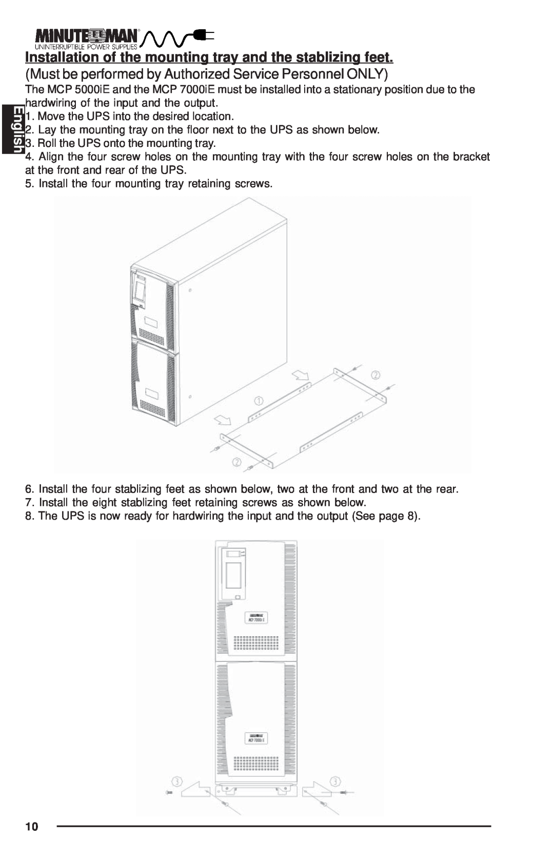 Minuteman UPS MCP-E user manual Installation of the mounting tray and the stablizing feet, English 