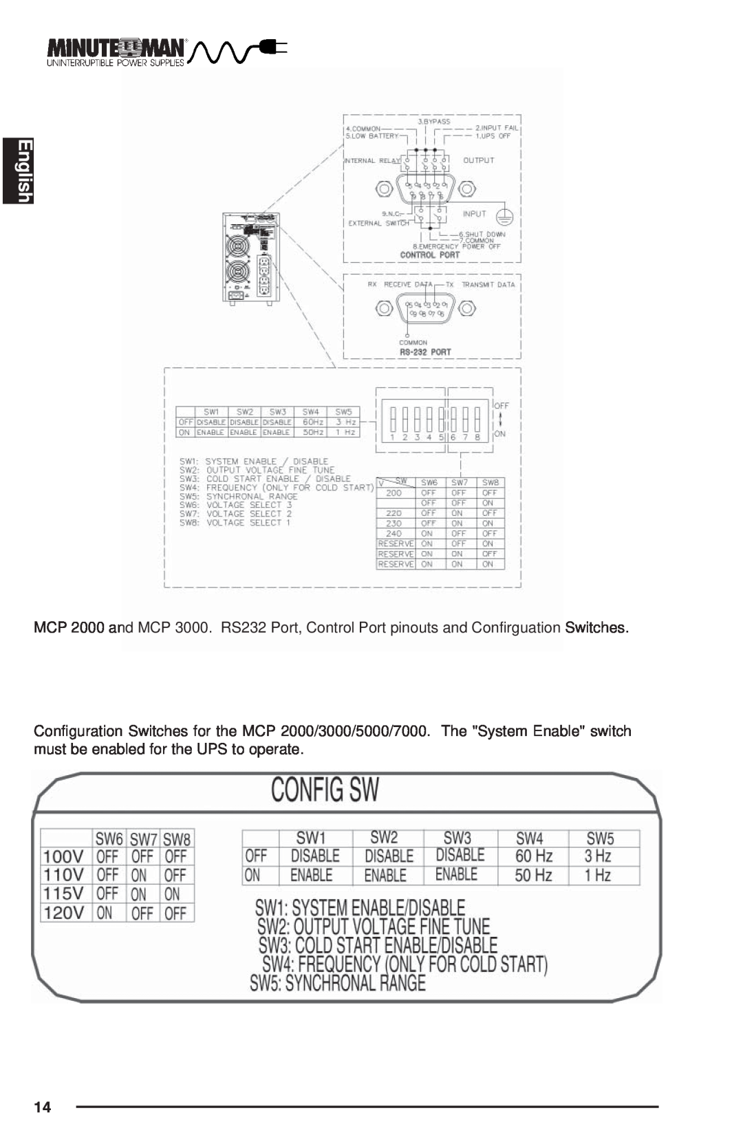 Minuteman UPS MCP-E user manual English, MCP 2000 and MCP 3000. RS232 Port, Control Port pinouts and Confirguation Switches 