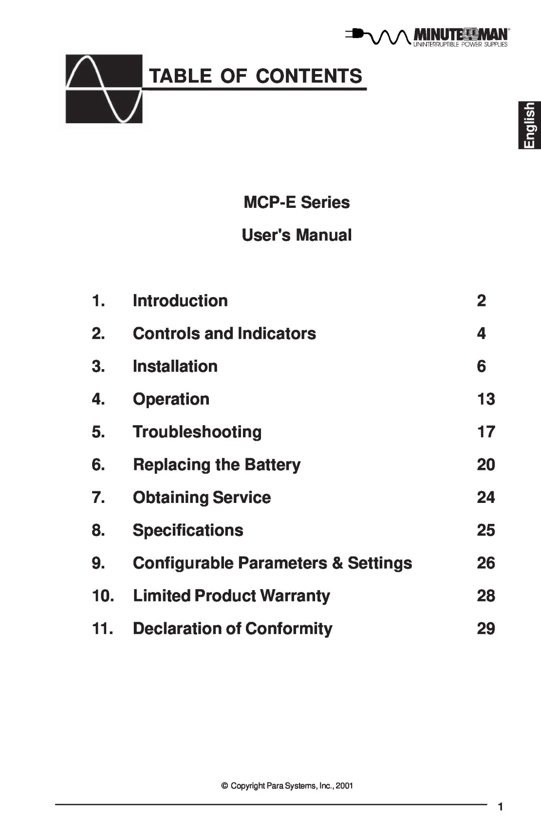 Minuteman UPS MCP-E user manual Table Of Contents 