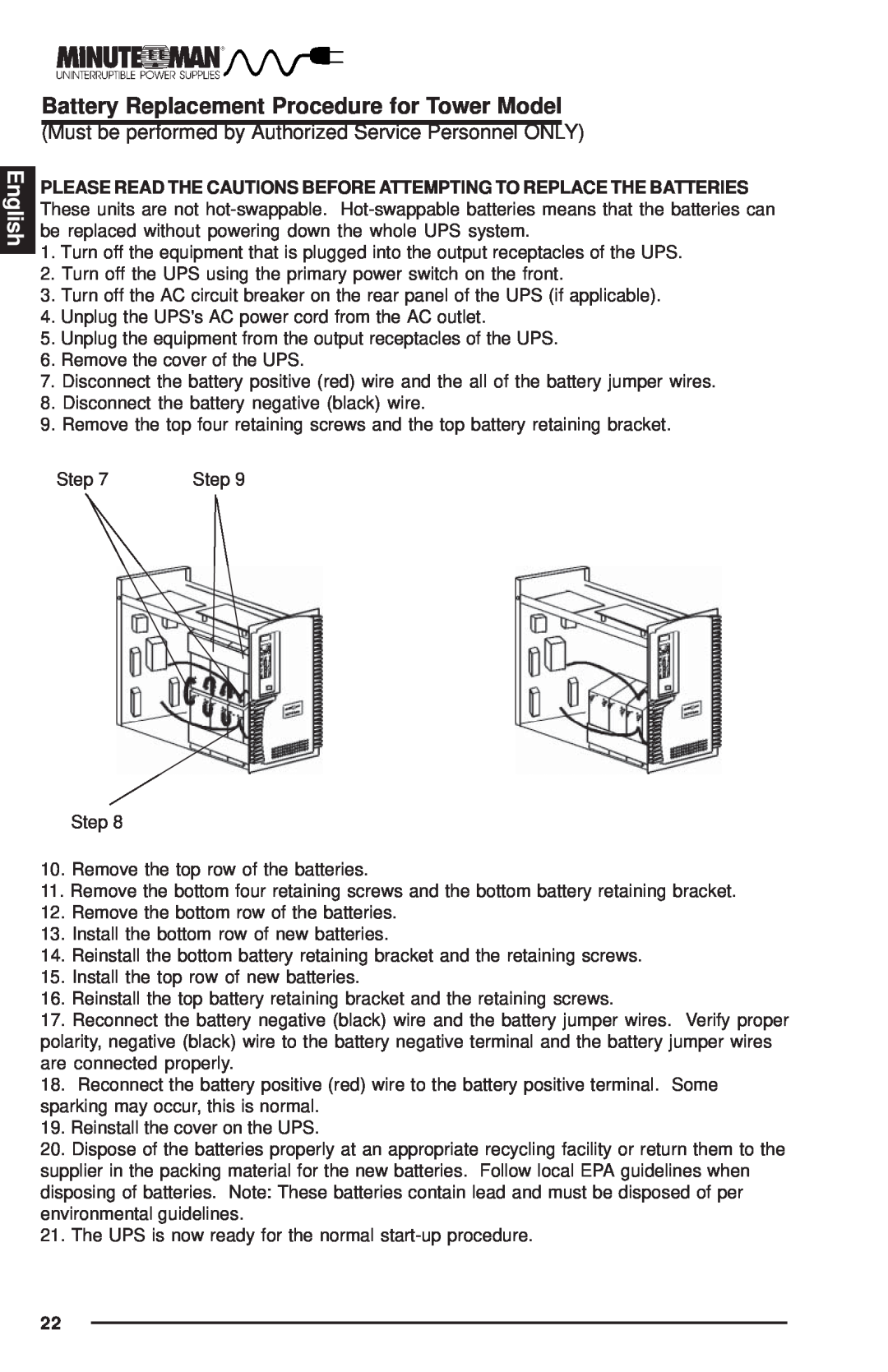 Minuteman UPS MCP-E user manual English, Battery Replacement Procedure for Tower Model 