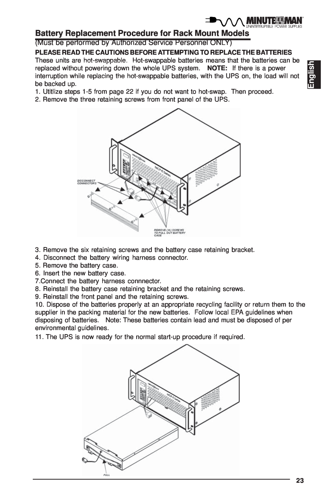 Minuteman UPS MCP-E user manual Battery Replacement Procedure for Rack Mount Models, English 
