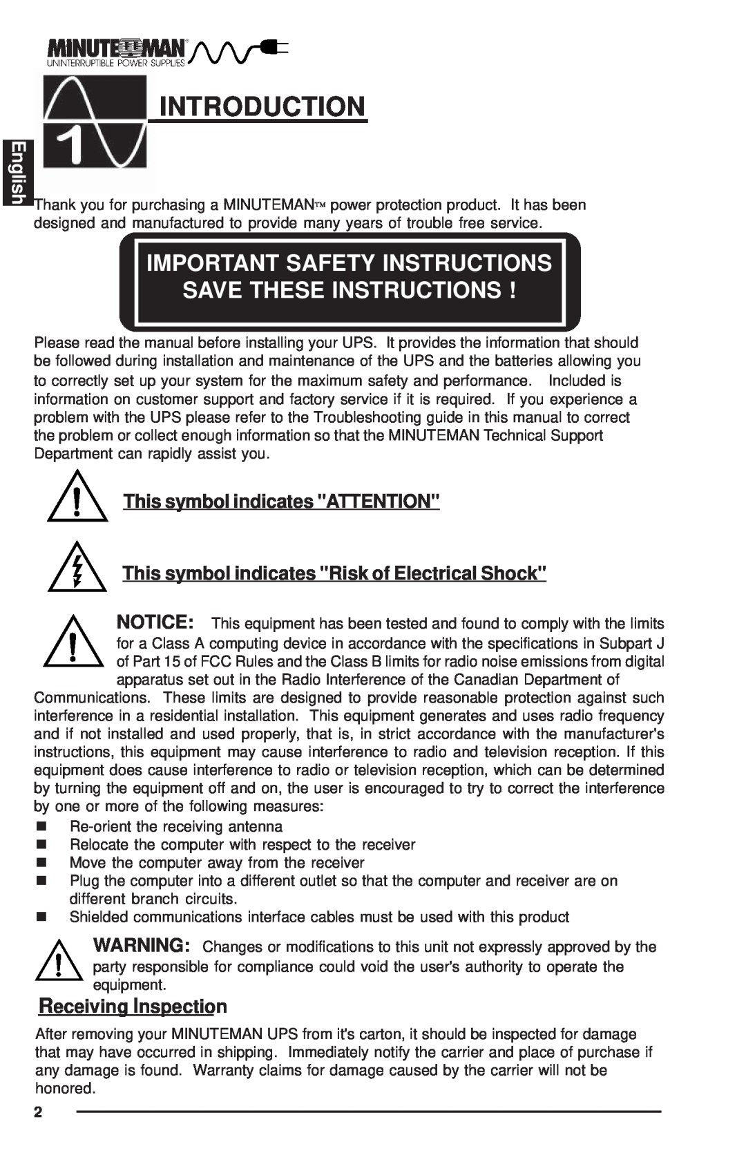 Minuteman UPS MCP-E Introduction, Important Safety Instructions Save These Instructions, English, Receiving Inspection 