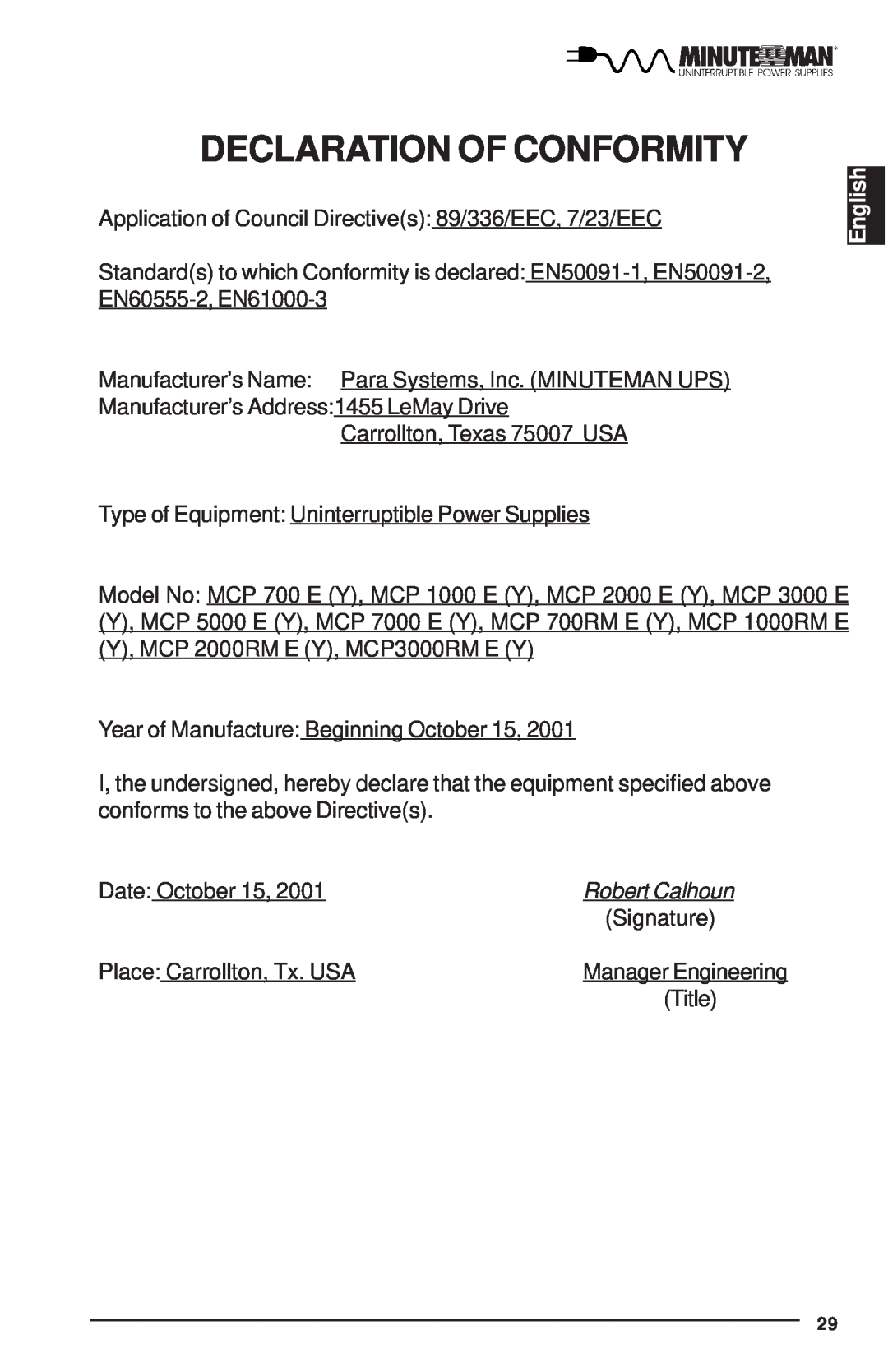 Minuteman UPS MCP-E user manual Declaration Of Conformity, English, Robert Calhoun 