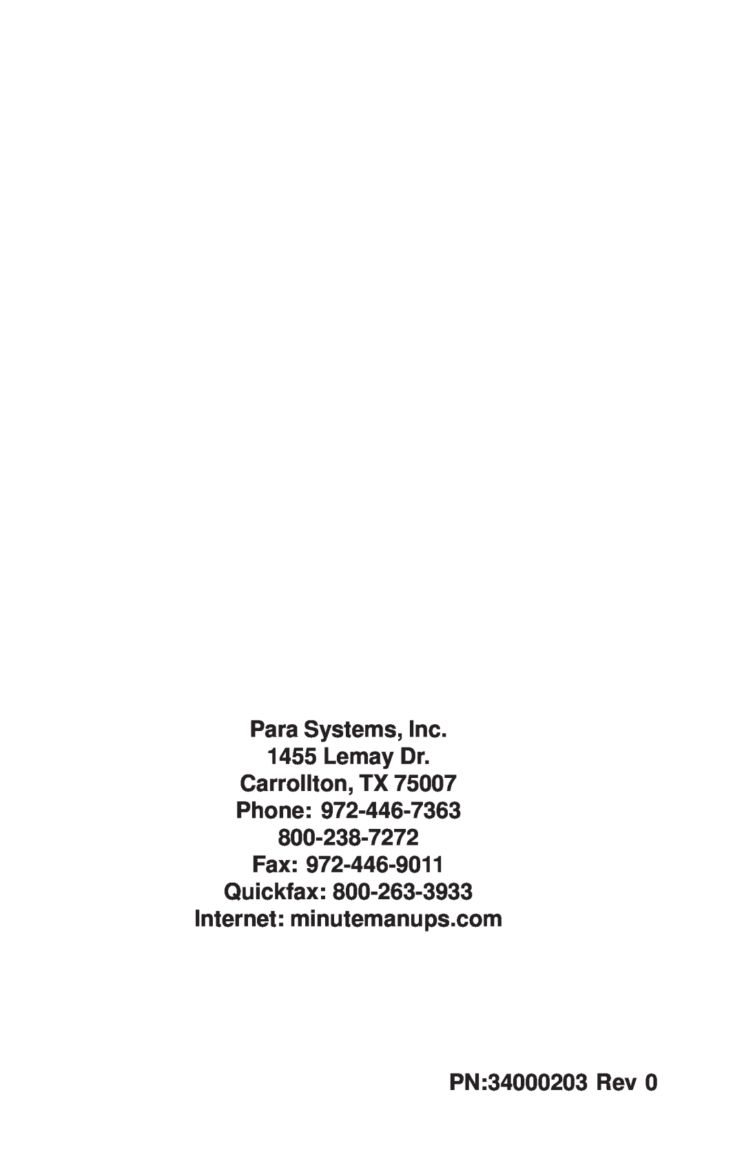 Minuteman UPS MCP-E Para Systems, Inc 1455 Lemay Dr Carrollton, TX Phone, Fax Quickfax Internet minutemanups.com 