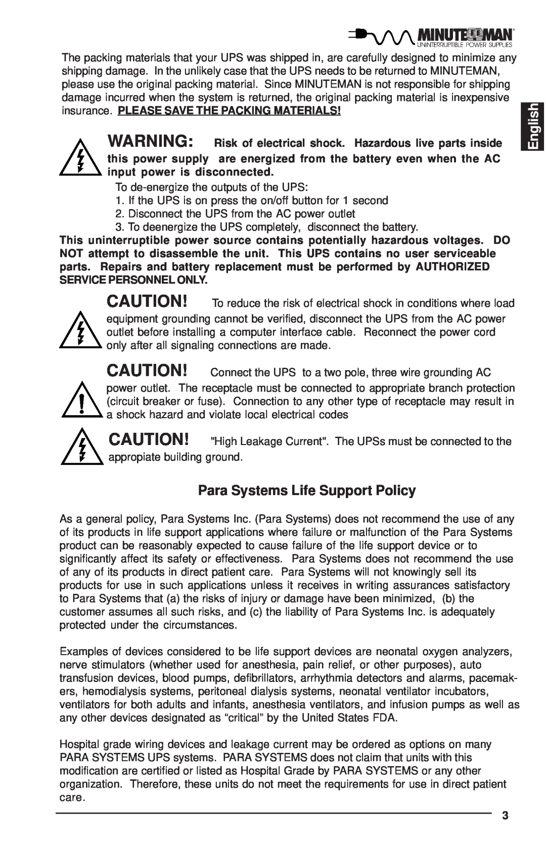 Minuteman UPS MCP-E user manual Para Systems Life Support Policy, English 