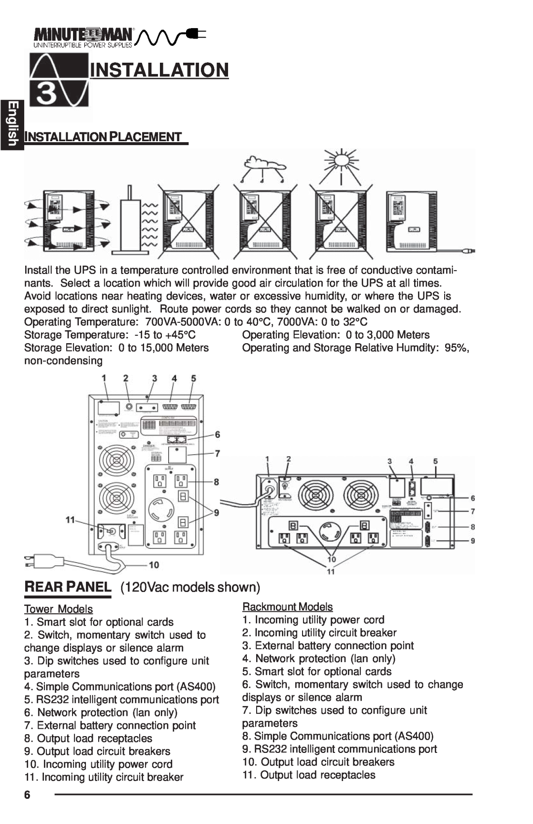 Minuteman UPS MCP-E user manual English, REAR PANEL 120Vac models shown, Installation Placement 