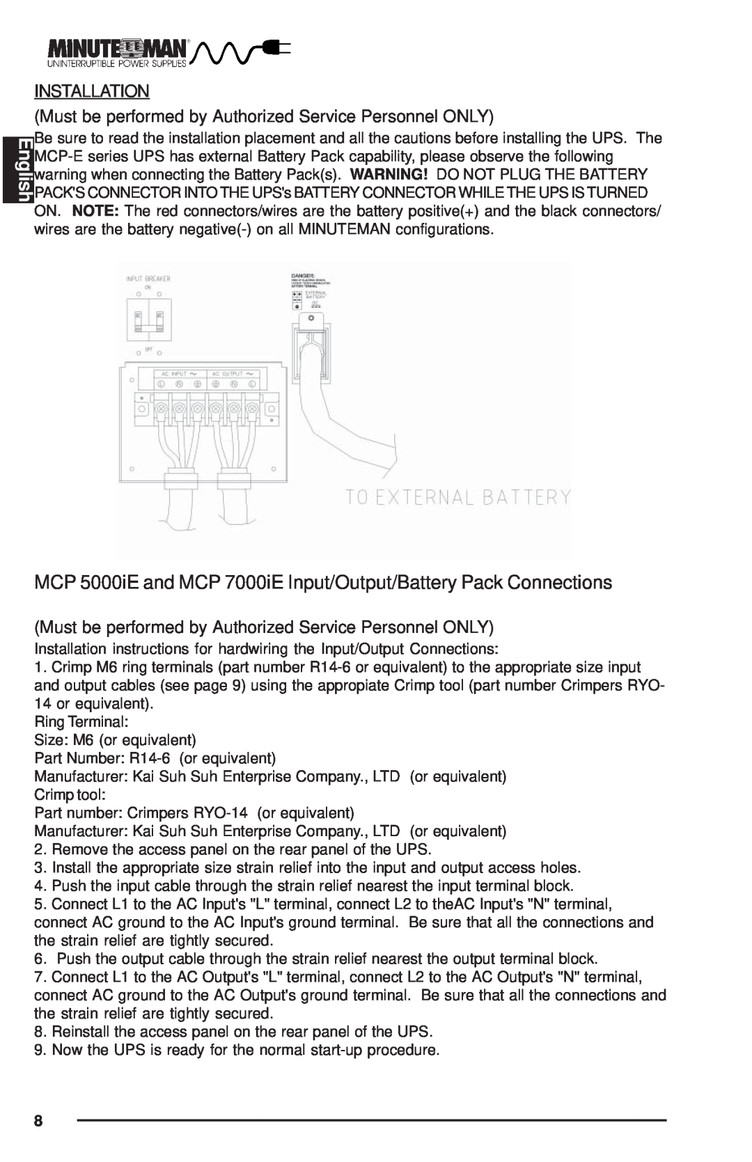 Minuteman UPS MCP-E user manual English, MCP 5000iE and MCP 7000iE Input/Output/Battery Pack Connections 