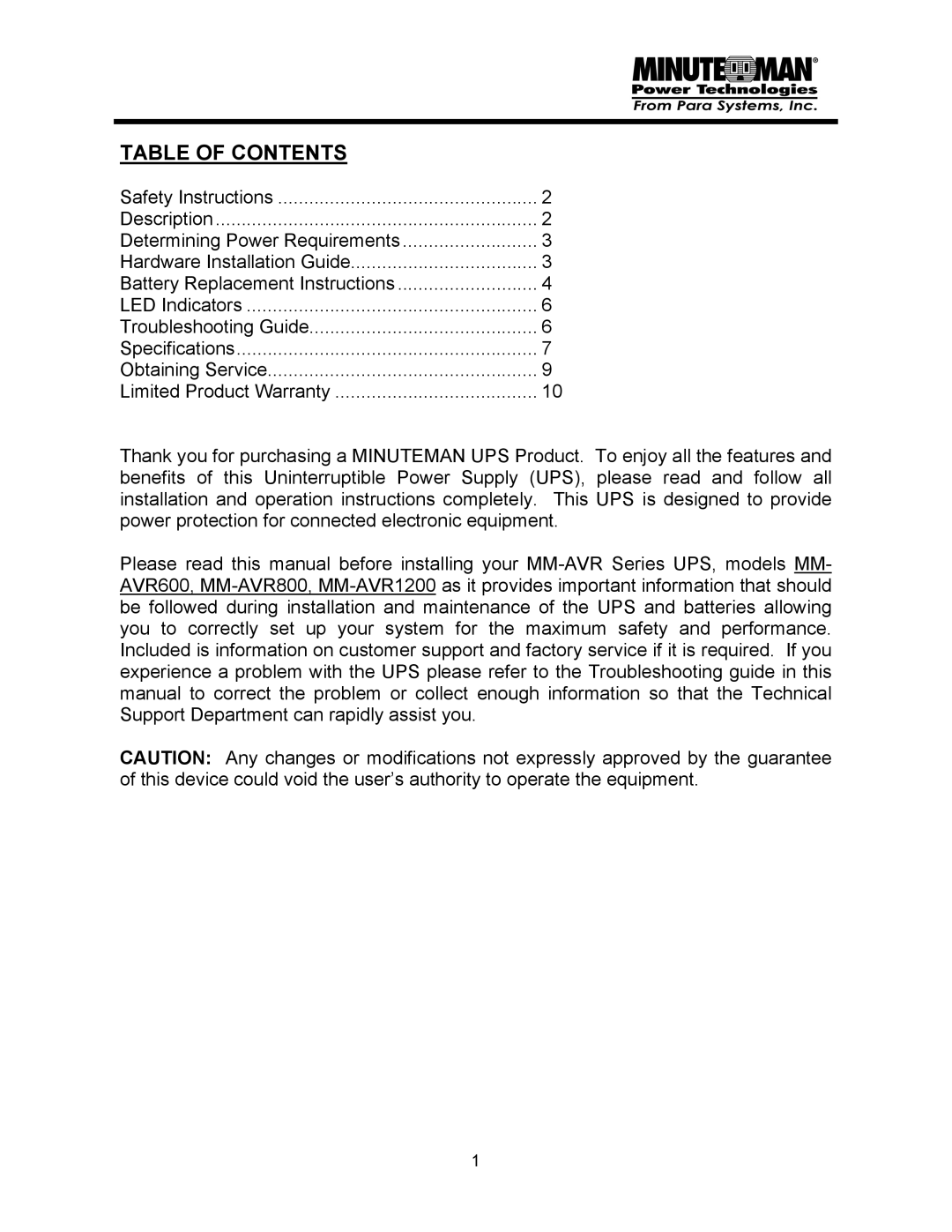 Minuteman UPS MM-AVR user manual Table of Contents 