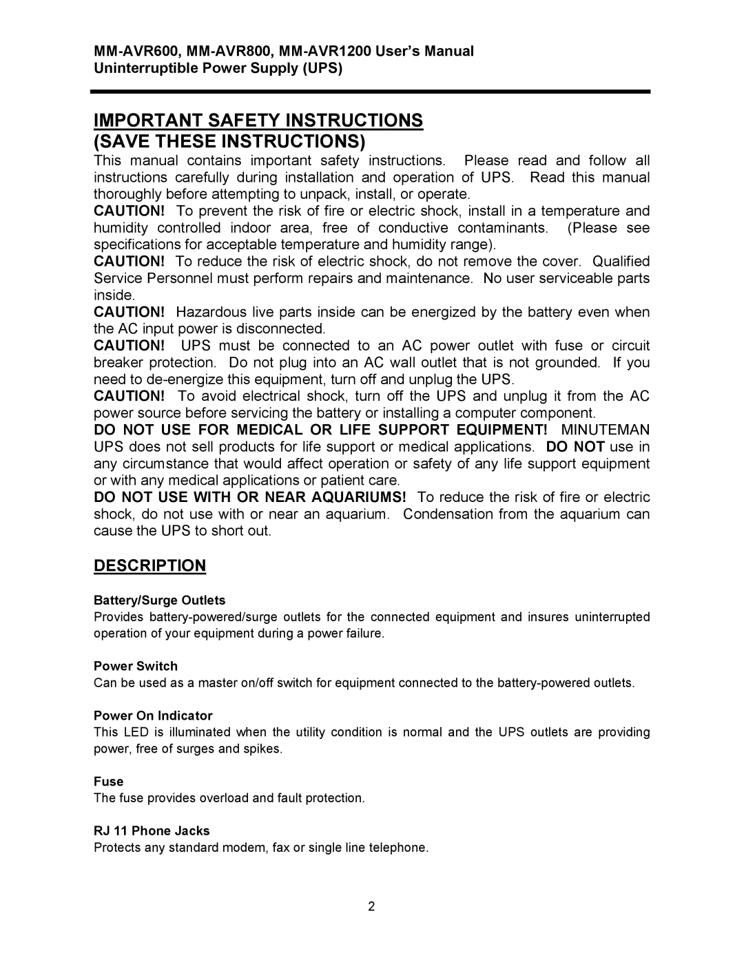 Minuteman UPS MM-AVR user manual Important Safety Instructions Save These Instructions, Description 