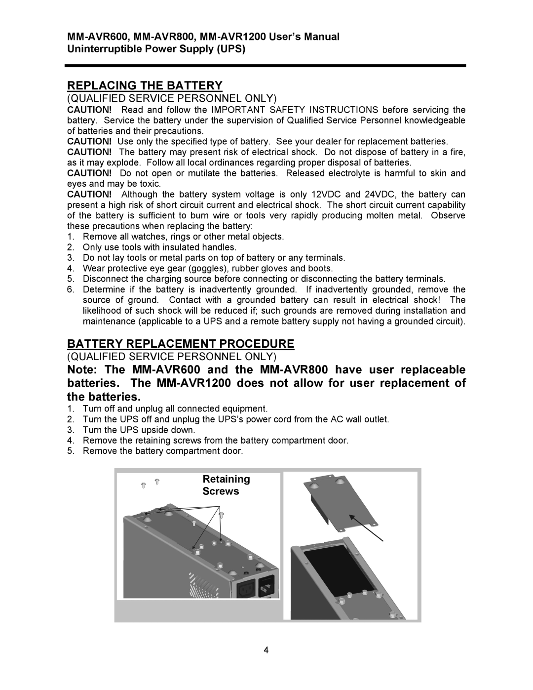 Minuteman UPS MM-AVR user manual Replacing the Battery, Battery Replacement Procedure 