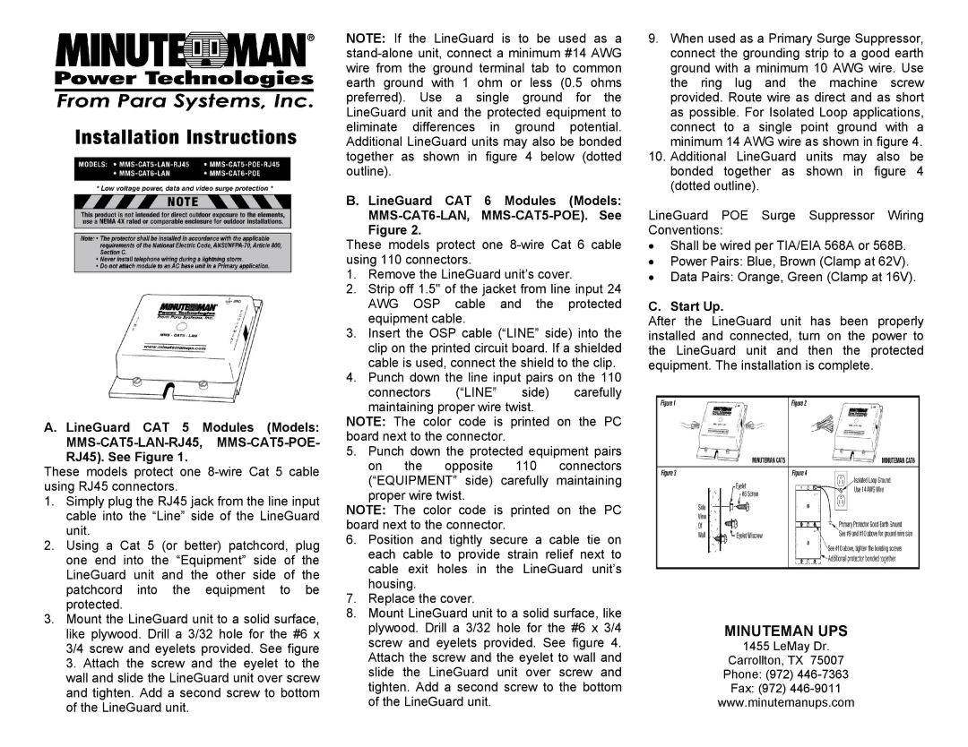 Minuteman UPS MMS-CAT5-LAN-RJ45, MMS-CAT5-POE- RJ45 manual LineGuard CAT 5 Modules Models, RJ45. See Figure, Start Up 