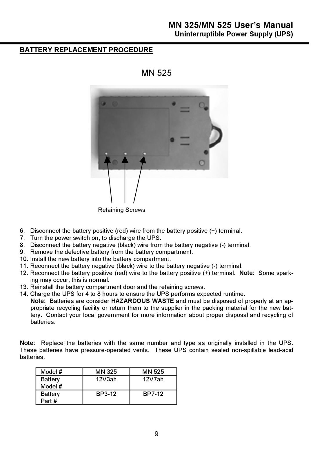 Minuteman UPS manual MN 325/MN 525 User’s Manual 