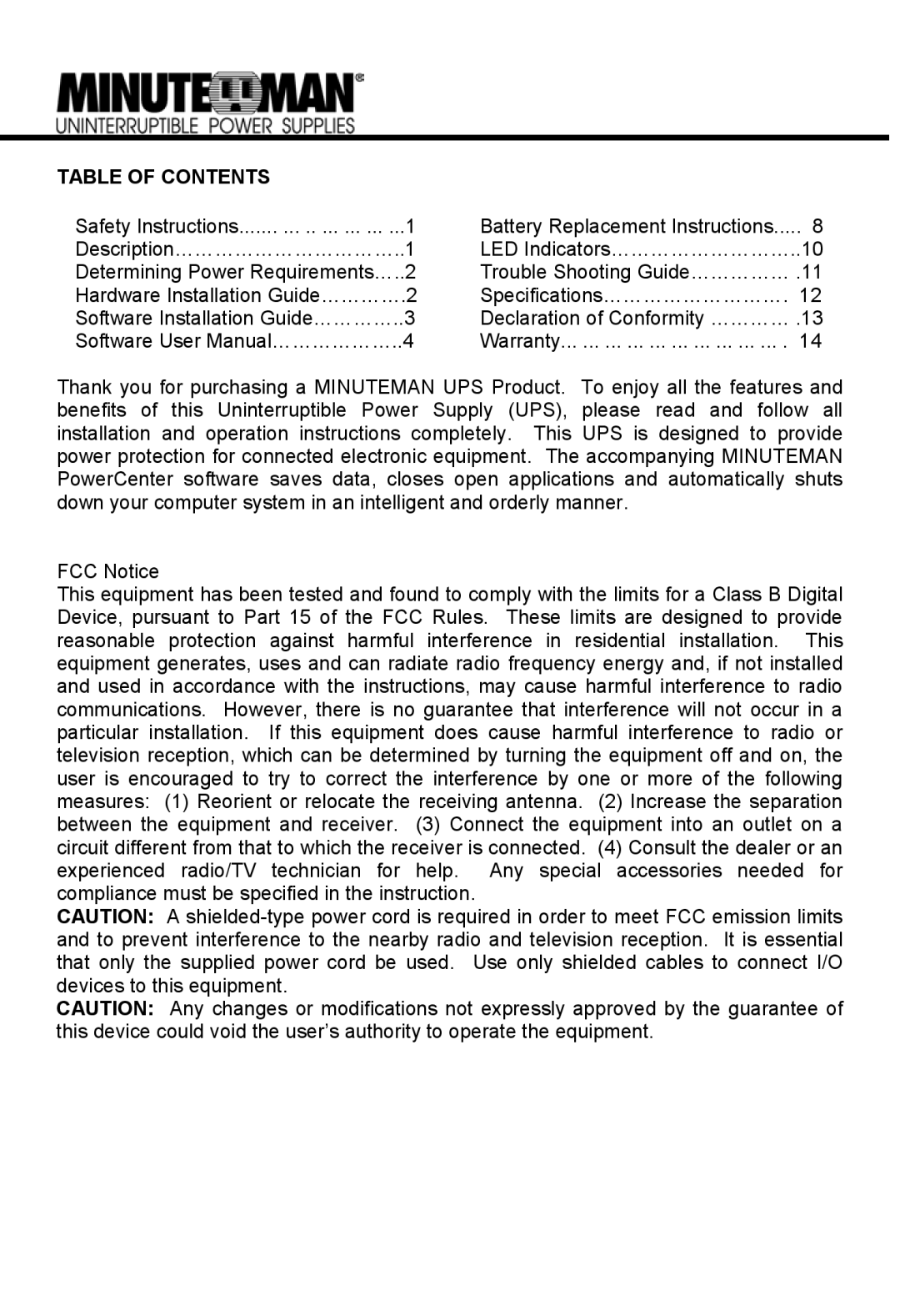 Minuteman UPS MN 325/MN 525 manual Table of Contents 