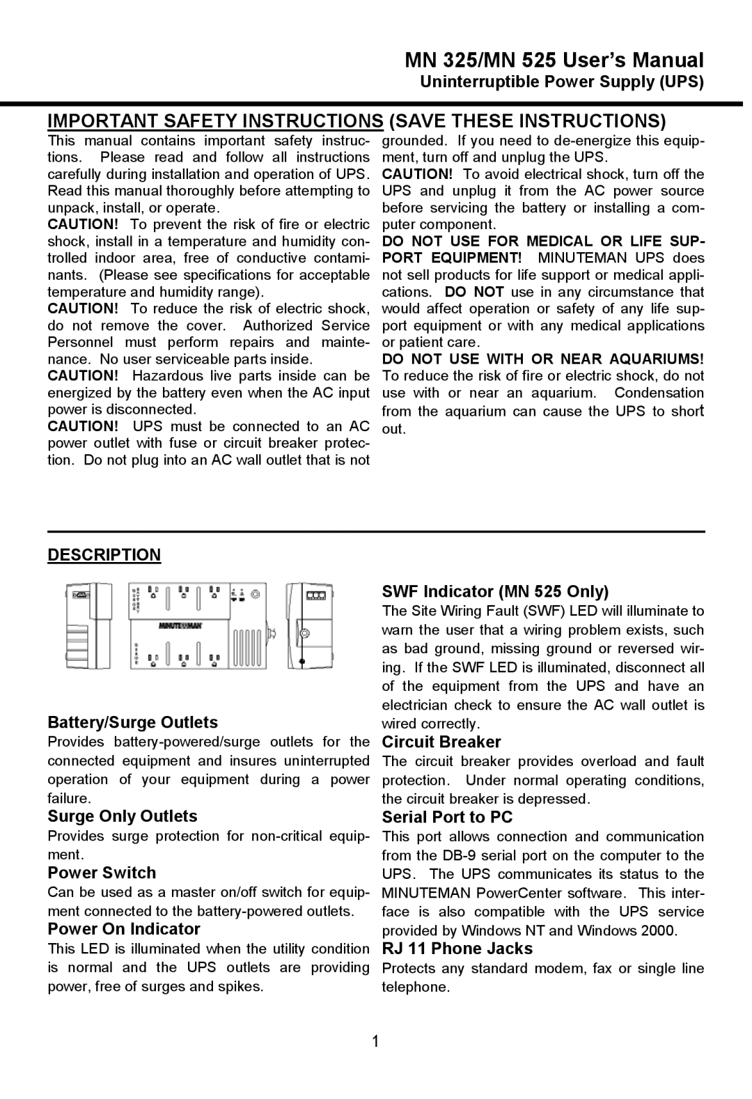 Minuteman UPS MN 325/MN 525 manual Description 