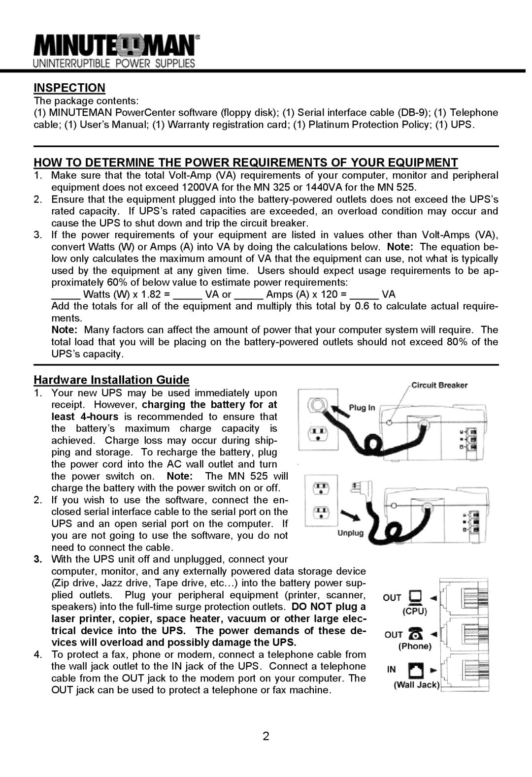 Minuteman UPS MN 325/MN 525 manual Inspection, HOW to Determine the Power Requirements of Your Equipment 