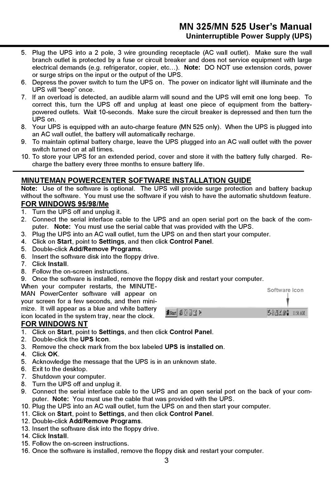 Minuteman UPS MN 325/MN 525 manual Minuteman Powercenter Software Installation Guide, For Windows 95/98/Me, For Windows NT 