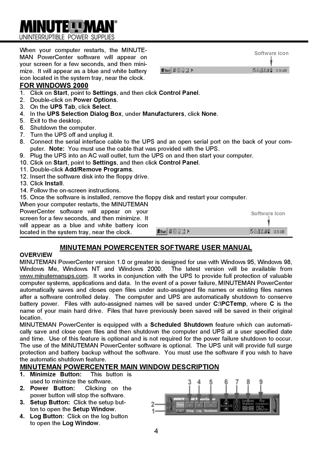 Minuteman UPS MN 325/MN 525 manual For Windows, Minuteman Powercenter Main Window Description 