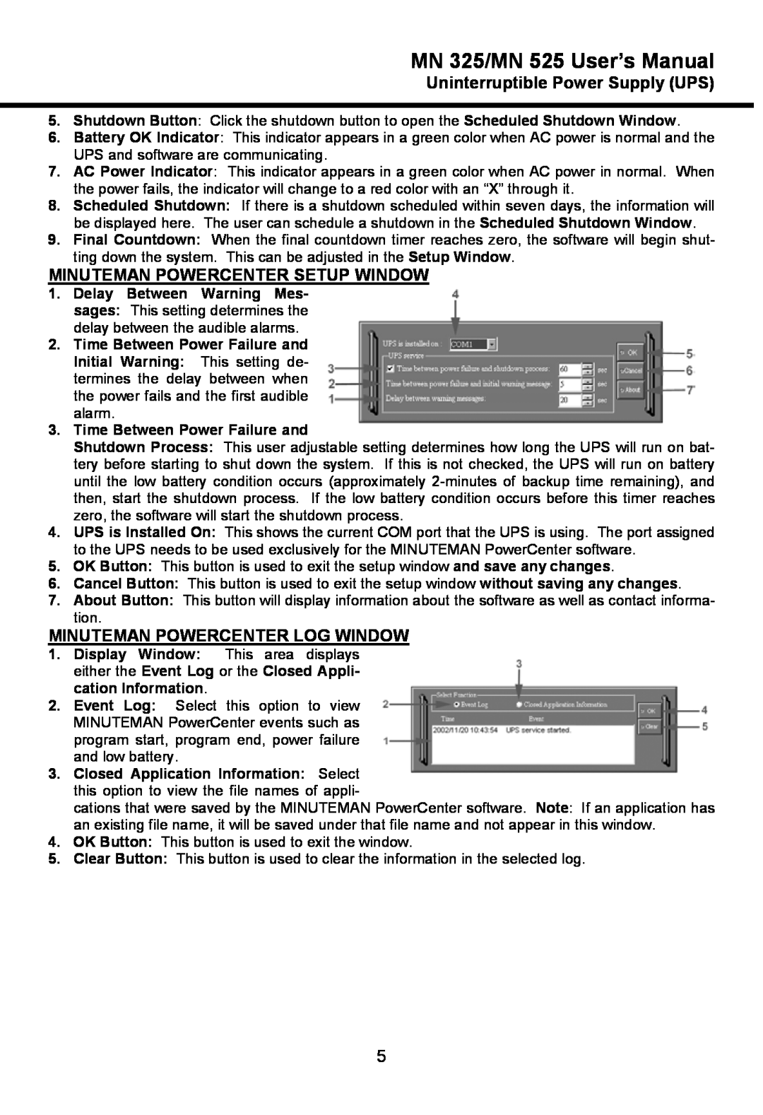 Minuteman UPS MN 325/MN 525 User’s Manual, Uninterruptible Power Supply UPS, Minuteman Powercenter Setup Window 