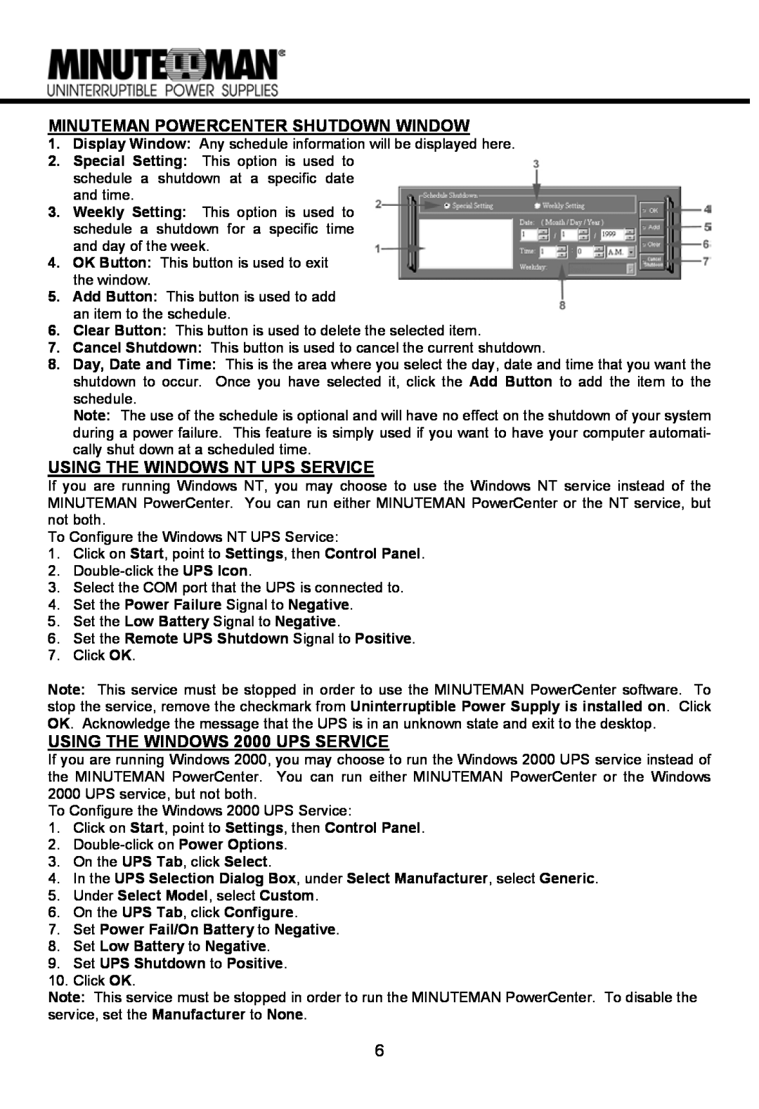 Minuteman UPS MN 525, MN 325 user manual Minuteman Powercenter Shutdown Window, Using The Windows Nt Ups Service 