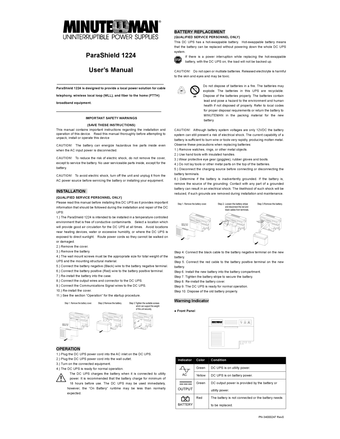 Minuteman UPS PN-34000247 user manual Installation, Operation, Battery Replacement, Qualified Service Personnel only 