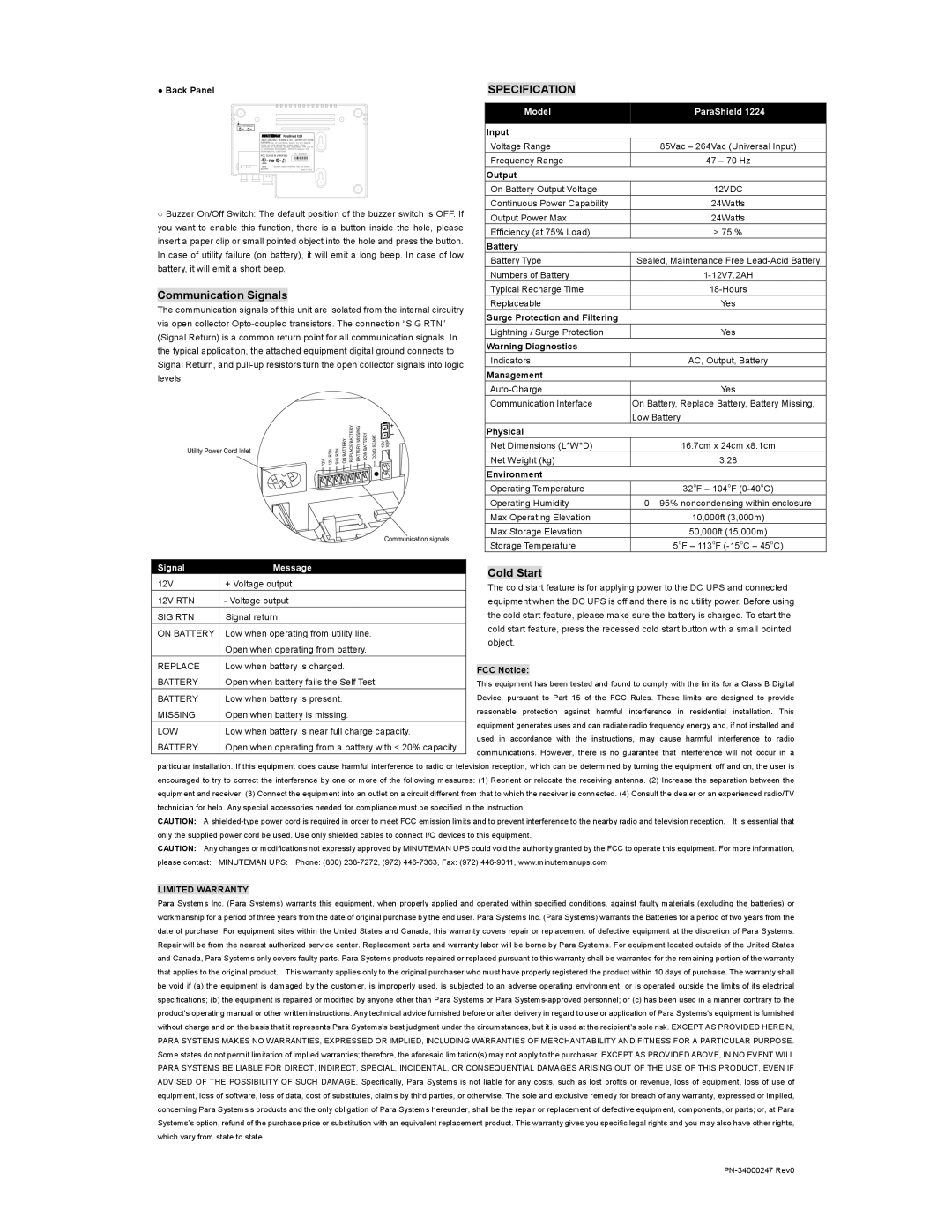 Minuteman UPS PN-34000247 user manual Communication Signals, Specification, Cold Start, Limited Warranty 