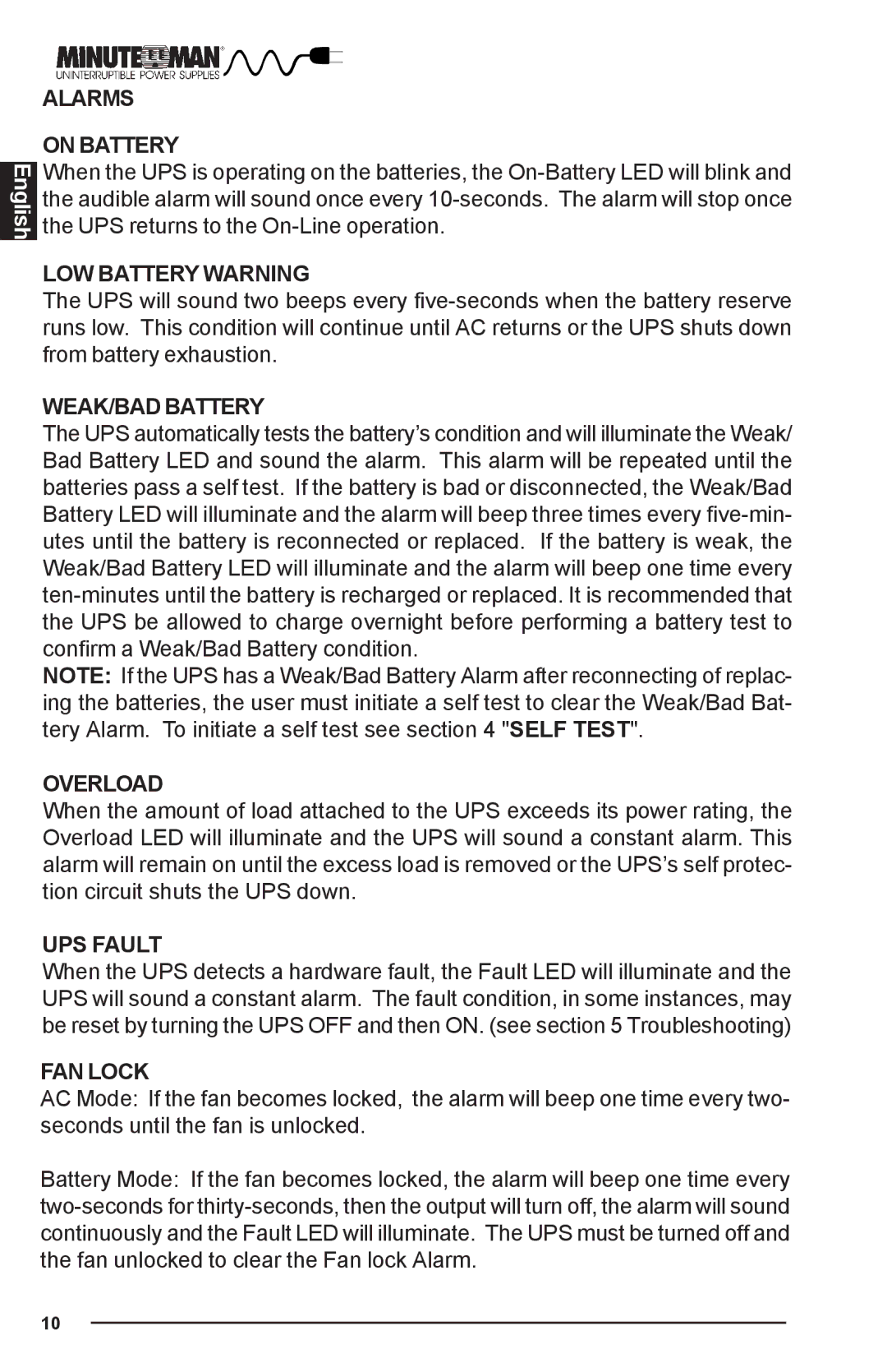 Minuteman UPS PRO-E user manual Alarms On Battery, LOW Battery Warning, WEAK/BAD Battery, Overload, UPS Fault, FAN Lock 