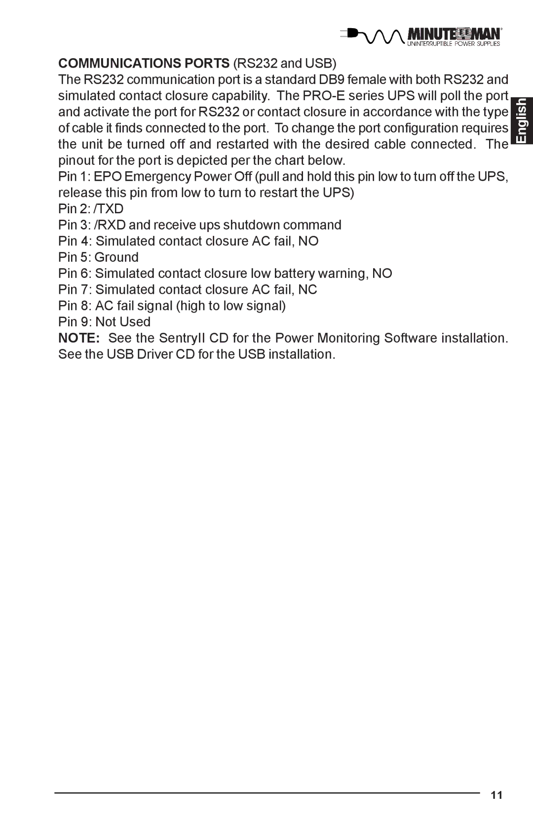 Minuteman UPS PRO-E user manual Communications Ports RS232 and USB 