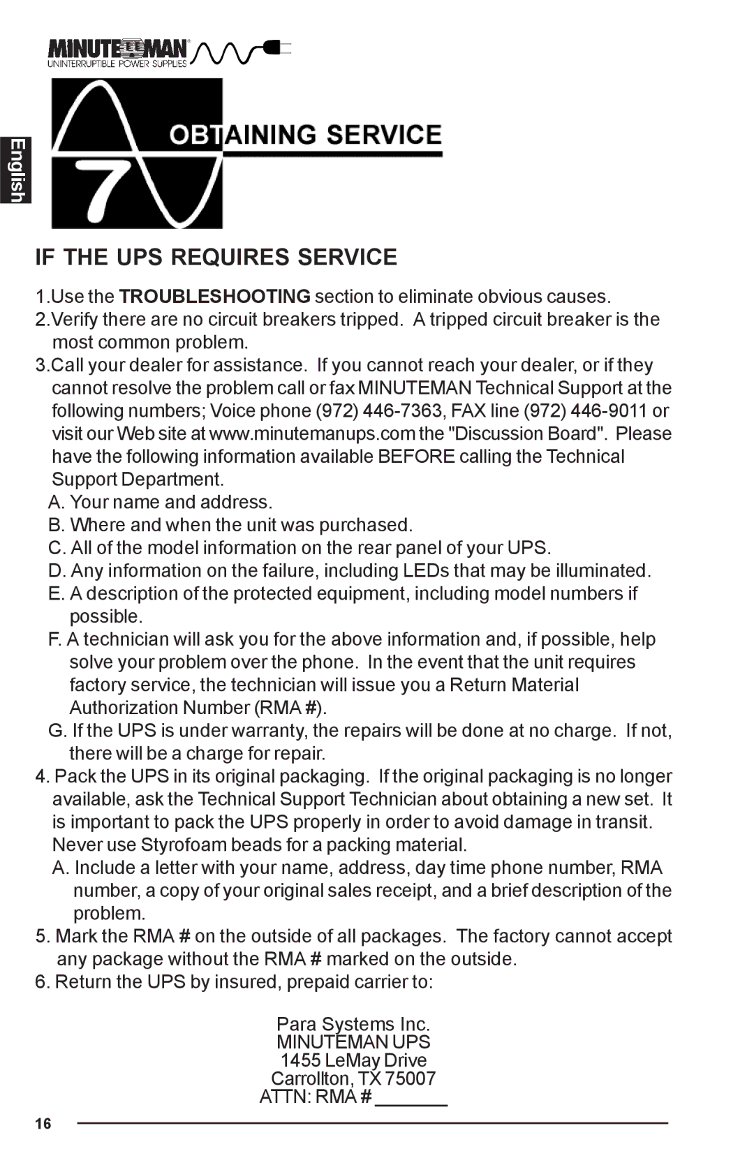 Minuteman UPS PRO-E user manual If the UPS Requires Service 