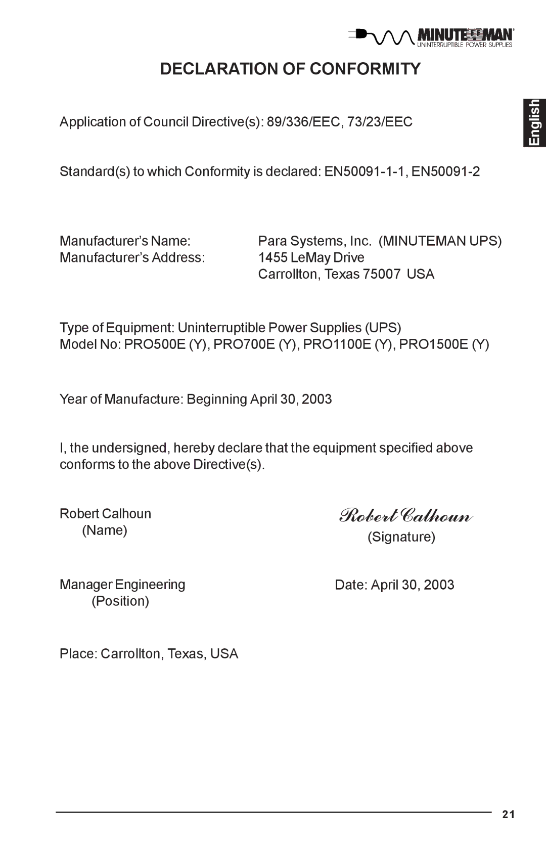 Minuteman UPS PRO-E user manual Robert Calhoun, Declaration of Conformity 