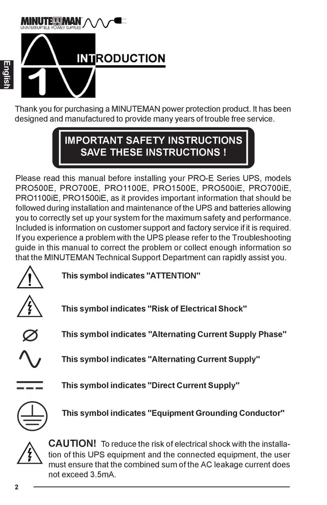 Minuteman UPS PRO-E user manual Important Safety Instructions 